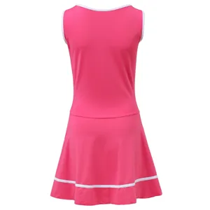 Pink sleeveless athletic dress detail, clean white trim along neckline, breathable fabric.