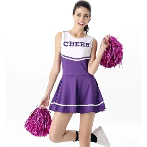 Women cheerleader costume set detail view featuring purple white dress and pink poms.