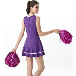 Women purple cheerleader costume sexy adult role play party dress with pink pompoms