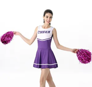 Sexy cheerleading costume detail, purple and white cheer dress with pom poms for women
