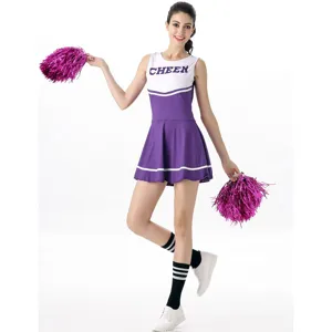 Women cheerleading costume sexy purple white dress uniform outfit for adult cosplay party.