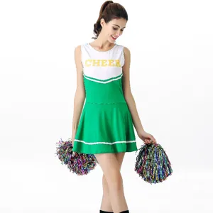 Women green cheerleader costume adult cosplay party dress with colorful pom poms outfit.