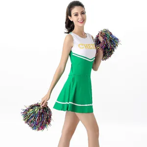 Detailed view of women's green and white cheerleader costume with colorful pom-poms.
