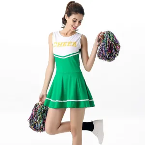 Women green cheerleader costume set with pleated skirt and colorful pompoms for cosplay party.