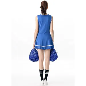 Women Blue Cheerleader Costume Sexy Adult Role Play Outfit Party Dress with Pompoms