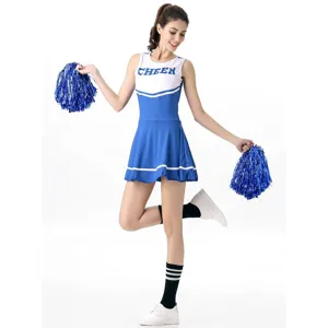 Detailed view of blue and white cheerleader costume with matching pom-poms for adults.