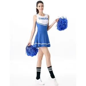 Blue and white women cheerleading costume set, adult sexy cosplay party outfit with pom poms.