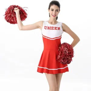 Cheerleader costume detail view, red and white top with cheering text, vibrant performance wear.