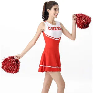 Women cheerleader costume sexy red white dress with pompoms for cosplay party event details view.
