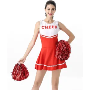 Detail view showing the women's red and white cheerleading costume with pom-poms.