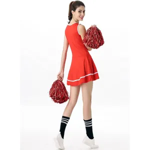 Sexy adult women's red cheerleading costume set with sleeveless top and matching pleated skirt.