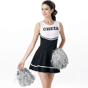 Detailed view of black and white women cheerleader costume with silver pom poms for party role play.
