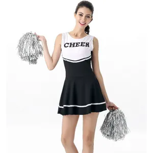 Sexy women cheerleader costume set with black white dress and pom poms for party.