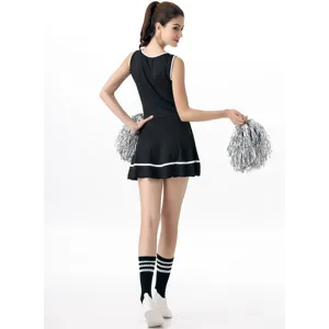 Sexy women cheerleader costume set, black and white adult role play outfit with pom poms.