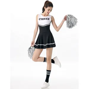 Detailed shot of women cheerleader costume in black and white, featuring pleated skirt and top.