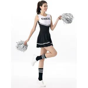 Women cheerleading costume set detailed view, sexy adult roleplay party outfit with pom poms.