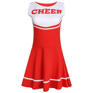Red and white adult women cheerleading dress costume for cosplay and stage performance.