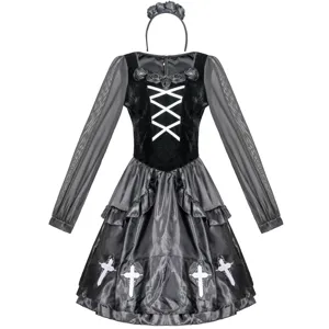 Gothic vampire nun cosplay costume for women, elegant black long sleeve halloween dress.