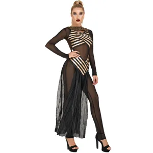 Women Halloween Egyptian Cleopatra Greek Goddess Costume Mesh Patchwork Gold Stripe Greek Key Pattern Dress For Party Stage Wear