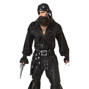 Costume de pirate pour homme pour Halloween, avec chemise, pantalon, foulard et pistolet.