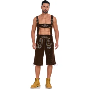 Men German Oktoberfest traditional brown leather lederhosen costume with suspenders and embroidery.