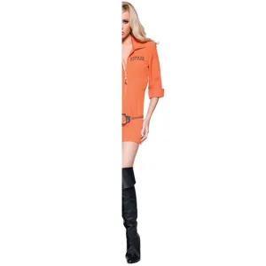 Halloween orange prisoner costume for women, sexy cosplay party outfit with black boots.