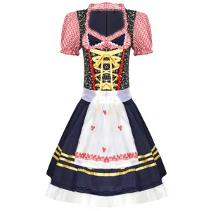 Detailed view of the traditional German Dirndl dress with floral bodice and lace-up front.
