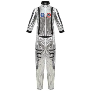 Silver astronaut spacesuit detail, featuring reflective material, patches, and zippers.