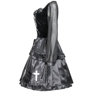 Gothic vampire nun cosplay dress detail showcasing sheer sleeve, velvet bodice and cross skirt.