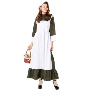 Classic Halloween women costume long green white maid dress vintage style cosplay outfit