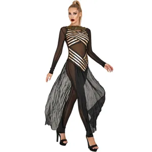 Women Egyptian Cleopatra cosplay costume black gold mesh bodysuit with flowing sheer skirt.