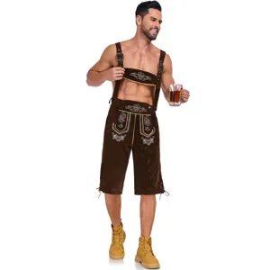 Men's traditional German Oktoberfest leather costume shorts detail view with embroidery.
