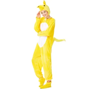 Yellow animal plush onesie costume detail, soft cosplay party outfit with cute animal hood and tail.