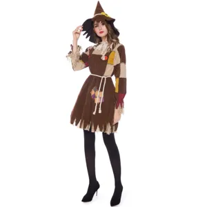 Vue détaillée du charmant costume de cosplay d'épouvantail pour femme avec un design patchwork.
