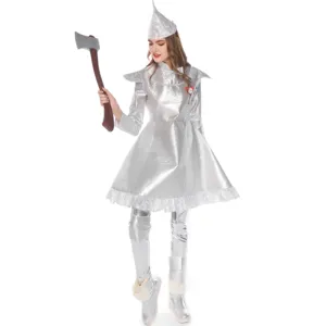 Women Tin Man Costume Wizard of Oz Cosplay Outfit Metallic Silver Stage Dress with Hat Axe