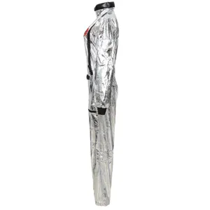 Silver astronaut jumpsuit for adults, sci-fi space costume for Halloween parties and cosplay.
