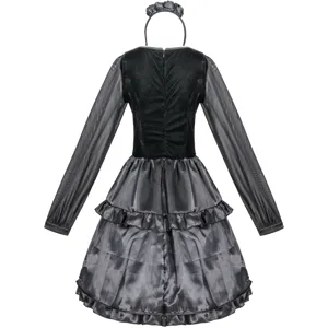 Black gothic cosplay dress with mesh sleeves and matching headband for Halloween party events.