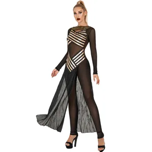 Halloween Egyptian Cleopatra cosplay costume women Greek goddess sexy black mesh long dress.