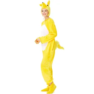 Yellow animal costume detail showcasing soft fabric design, hooded ears and tail for cosplay events.