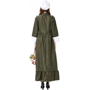 Halloween costume long maid dress detail view, classic vintage style uniform for stage performance.
