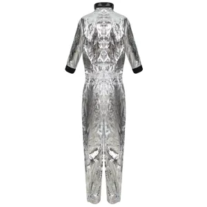 Silver reflective astronaut jumpsuit detail, metallic sheen fabric with black cuffs.