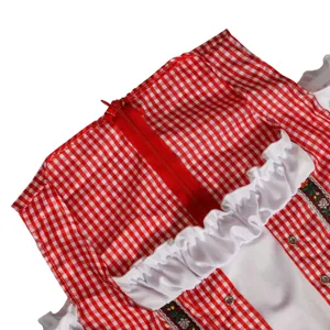 German Oktoberfest costume detail, red and white gingham dirndl dress with ruffles and embroidery.