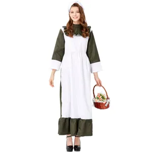 Halloween vintage maid costume detail showing green and white long dress with matching headpiece.