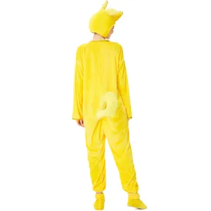 Detailed rear view of the yellow animal costume showing the plush tail and hood design.