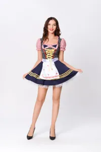 German Oktoberfest beer festival maid costume dress with traditional plaid sleeves and apron.