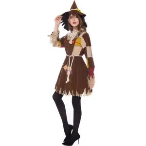 Déguisement d'épouvantail Halloween femme avec chapeau et robe patchs cosplay vue détail