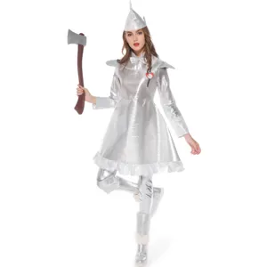 Women's silver metallic Tin Man costume details, featuring dress, hat, and toy axe.