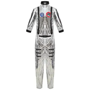 Silver metallic astronaut space suit jumpsuit for adults, perfect for Halloween and costume parties.