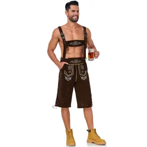 Detailed view of traditional German Oktoberfest men's Lederhosen costume with intricate embroidery.