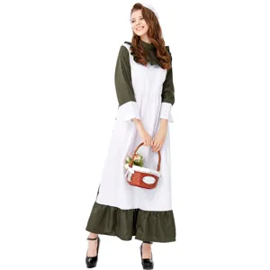 Detail shot of women's green and white Oktoberfest maid costume long dress with basket.